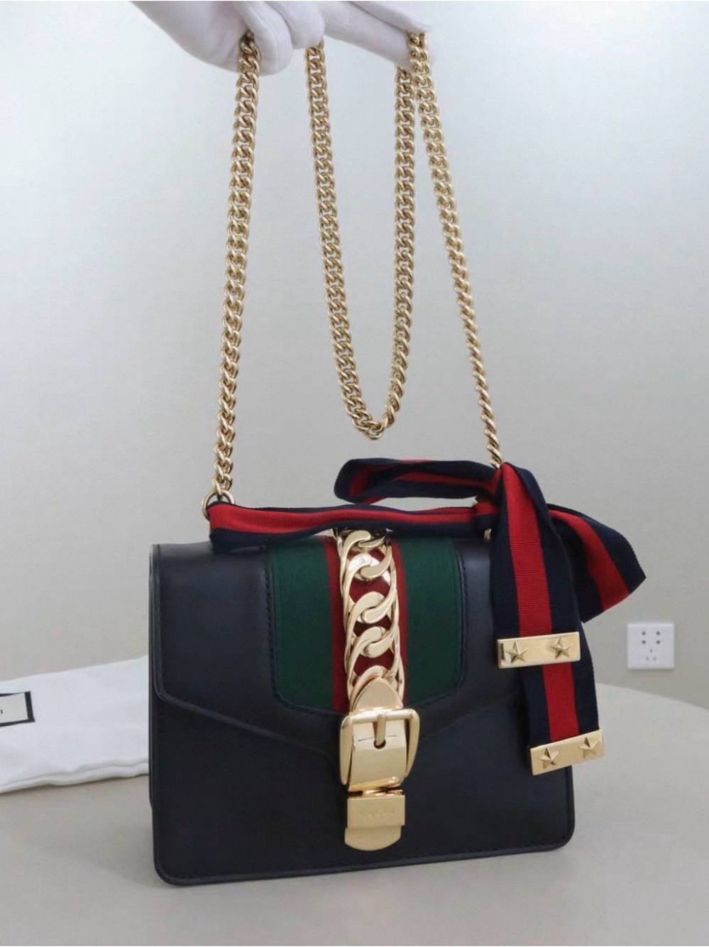Gucci Black Leather Crossbody with Red & Green Stripe and Gold Chain
